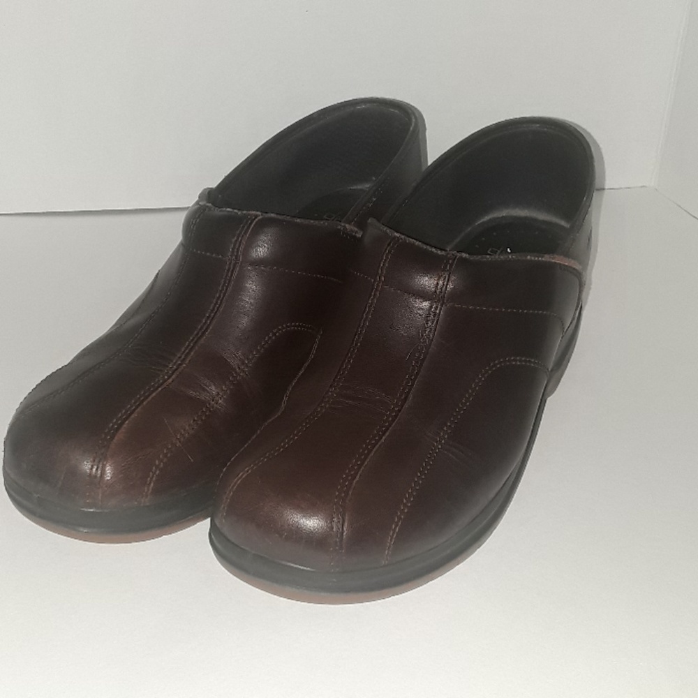 Dansko clog shoes. Brown leather. Classic style.